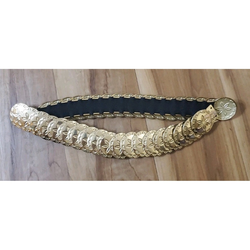 Vtg 80s Gold Coin Stretch Belt Black Elastic Floral Medallion Boho Disco